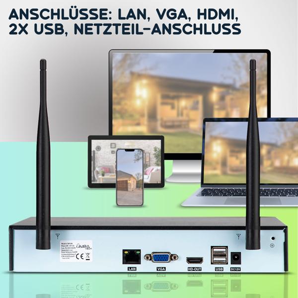 Profi Funk-Überwachungssystem, 8 QHD-2K Kameras & HDD-Rekorder, Tuya App mit Live Fernzugriff, Nachtsicht mit IR-LEDs, wetterfest - IP66
