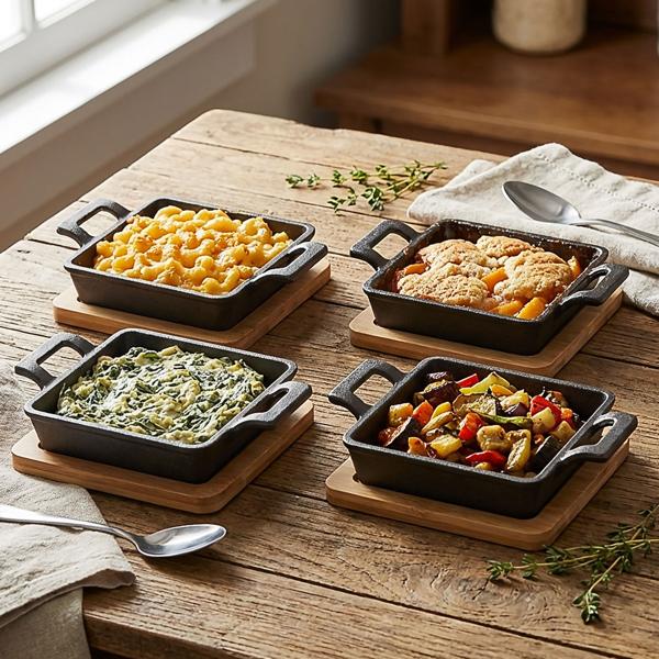 set of 4 square cast iron serving pan, 2 handles, bamboo board as elegant trivet, Ø 13cm, pan for gratin, tapas, curry and meat