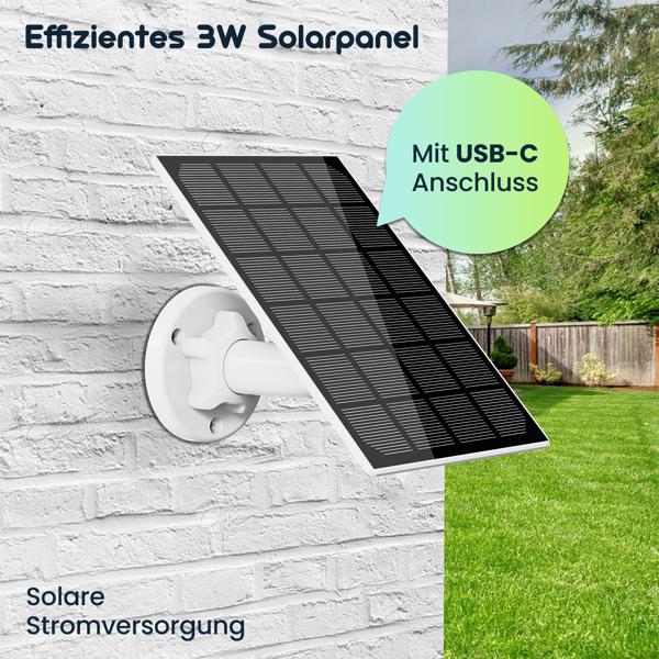 Effizientes 3W Solarpanel mit USB-C Anschluss, IP65 Schutz, für Akku IP Kameras, solare Stromversorgung für Ihre Sicherheitskameras