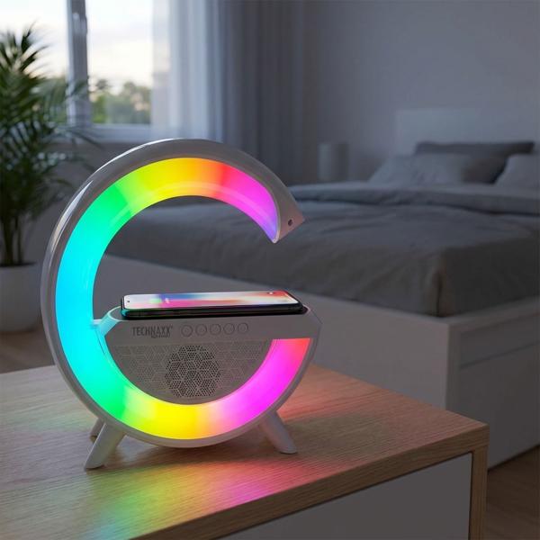 Multifunktionales RGB-Nachtlicht mit Qi-Ladestation, Bluetooth & FM-Radio – Lautsprecher, stimmungsvolles Licht, 23,5cm