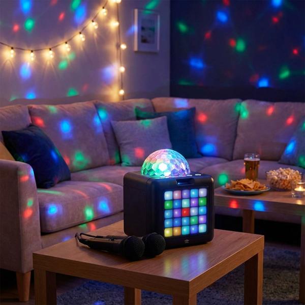 Karaoke-Maschine inkl. 2 Mikrofone - Mobile Spassmaschine für Partys - Bluetooth, USB-C, Akkubetrieb 1200 mAh, Lichteffekte, 1.3 kg