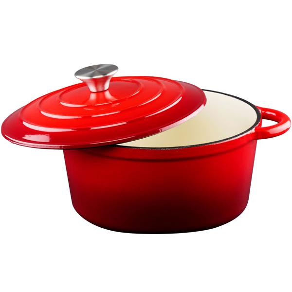 Pentola in ghisa smaltata rossa Ø 24cm (3,8L) con coperchio - Adatta a tutti i tipi di piano cottura, inclusi induzione e grill - Perfetta per cucinare, friggere e brasare