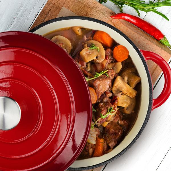 Pentola in ghisa smaltata rossa Ø 24cm (3,8L) con coperchio - Adatta a tutti i tipi di piano cottura, inclusi induzione e grill - Perfetta per cucinare, friggere e brasare