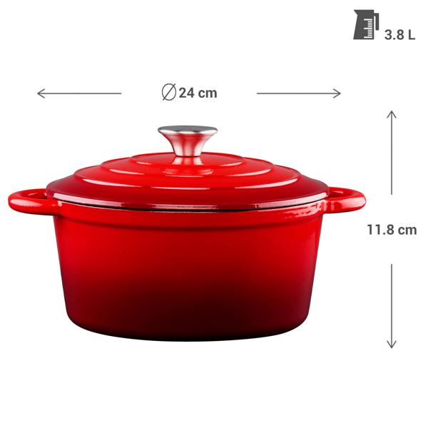 Pentola in ghisa smaltata rossa Ø 24cm (3,8L) con coperchio - Adatta a tutti i tipi di piano cottura, inclusi induzione e grill - Perfetta per cucinare, friggere e brasare