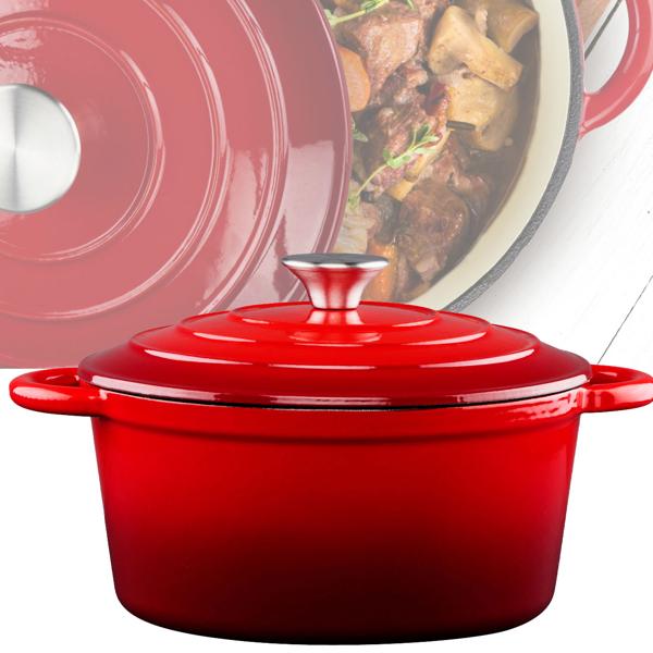 Pentola in ghisa smaltata rossa Ø 24cm (3,8L) con coperchio - Adatta a tutti i tipi di piano cottura, inclusi induzione e grill - Perfetta per cucinare, friggere e brasare