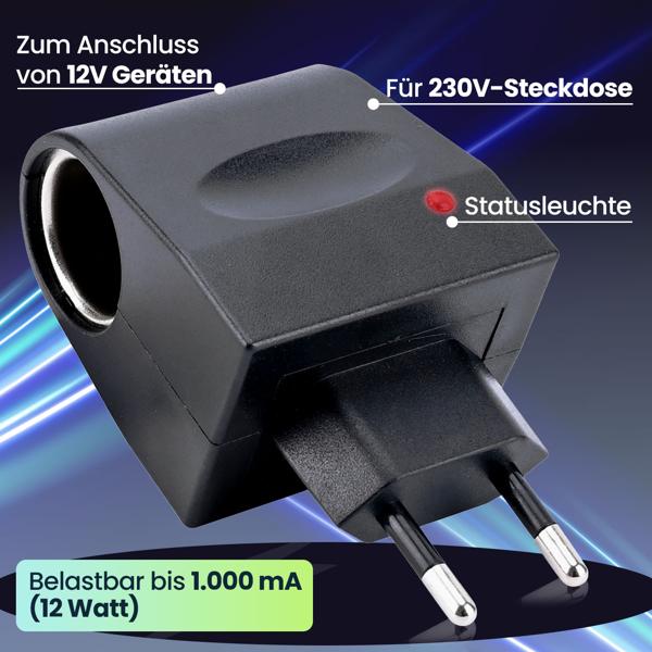 Spannungswandler, kompakt u. praktisch, 230V auf 12V, 1000mA / 12 Watt, schwarz, Kleinstgeräte mit bis zu 12 Watt und Zigarettenanzünder-Anschluss überall verwenden