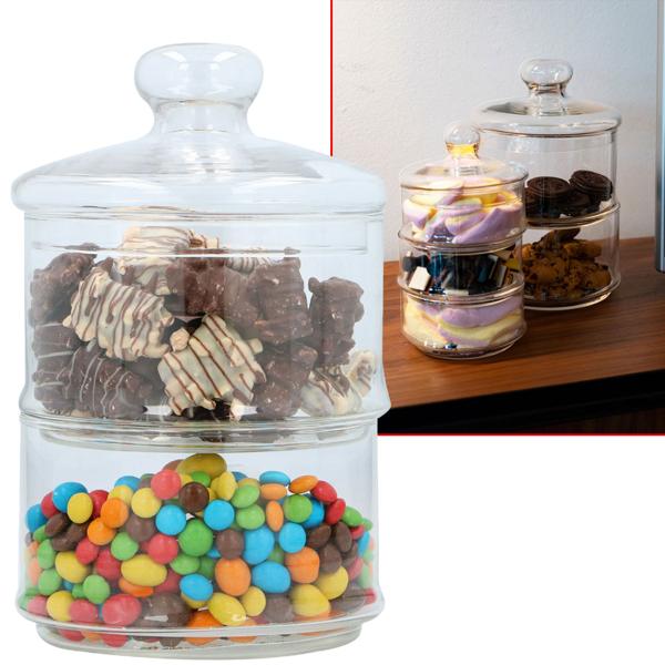 Glass container with two tiers, incl. lid, 16 cm Ø, 28 cm high