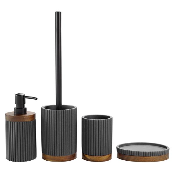 Toothbrush tumbler, anthracite with acacia wood strips, Ø 8 x 10.8 cm