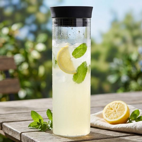 Carafe en verre borosilicate 1L – Idéale pour les jus, limonades, thés glacés – Avec filtre et couvercle en silicone – Fermeture automatique – Ø 8 x 27.5 cm