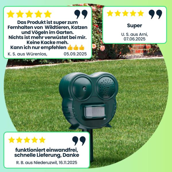 Wirkungsvolle Ultraschall Tierabwehr mit LED-Blitzlicht & PIR-Sensor – 2-in-1 Tierschreck, 70 m² – Vertreibt Katzen, Hunde & Wildtiere