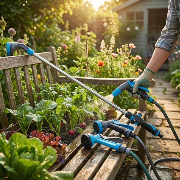 Kit d‘arrosage ergonomique 4 pièces, 3 pistolets de jardin manuels plus lance de pulvérisation – Design bleu et noir, pour un arrosage du jardin confortable