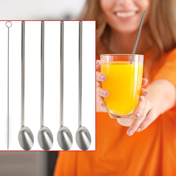 2-in-1 straw spoon made of stainless steel, 5-piece incl. cleaning brush