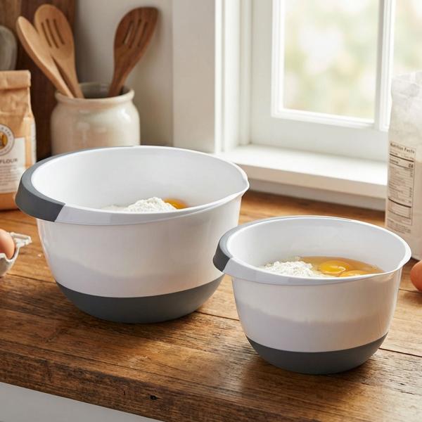 Set di ciotole per impastare 2 pezzi - Fondo antiscivolo e beccuccio per impasti - Lavabile in lavastoviglie - Plastica (PP/gomma) bianco/nero - 3,5L/2L