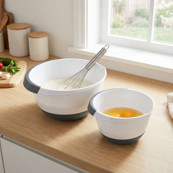 Set di ciotole per impastare 2 pezzi - Fondo antiscivolo e beccuccio per impasti - Lavabile in lavastoviglie - Plastica (PP/gomma) bianco/nero - 3,5L/2L