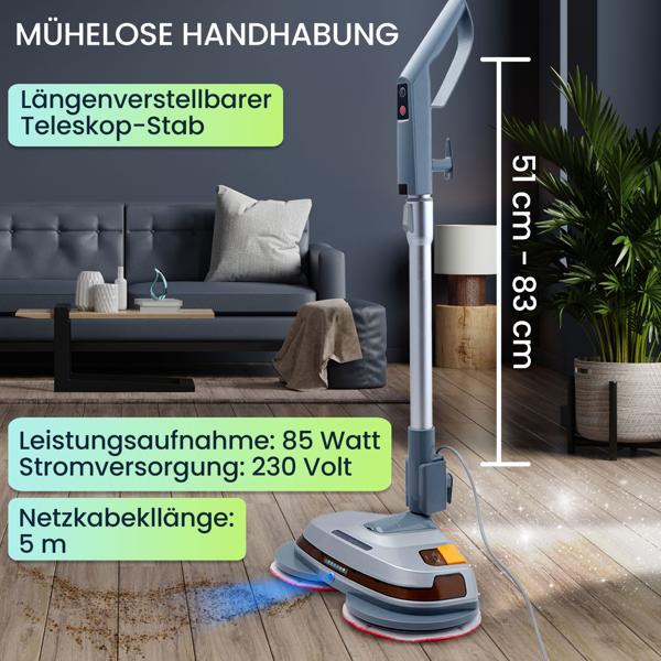 Robuste tiefenreinigende Fussboden-Poliermaschine, Teleskop-Griff, Mikrofaserpads, Sprühfunktion, für Laminat, Parkett, Fliesen, Marmor, Schiefer