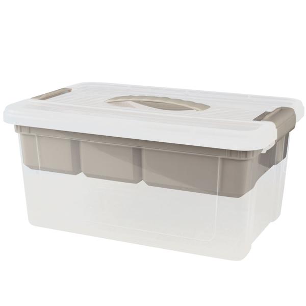 Aufbewahrungsboxen 2er-Set - integrierter Organizer & Klickverschluss - 5/9 Liter transparent/grau - staub-/mottenfrei für Kabel, Werkzeug & Zubehör