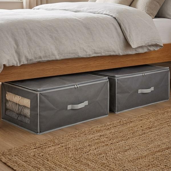 Set of 2 underbed storage boxes with viewing window & handle – 60x45x30 cm dark grey – protection against moths/dust – storage for bed linen & clothing – foldable