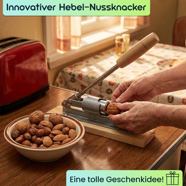 Innovativer Hebel-Nussknacker im Retro-Design: Holzplatte mit robustem Metallknacker, für Walnüsse, Haselnüsse & mehr – kraftsparend und effizient
