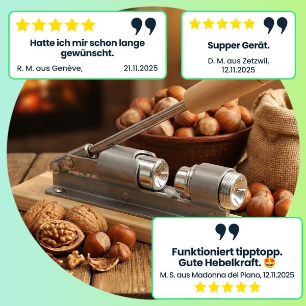 Innovativer Hebel-Nussknacker im Retro-Design: Holzplatte mit robustem Metallknacker, für Walnüsse, Haselnüsse & mehr – kraftsparend und effizient