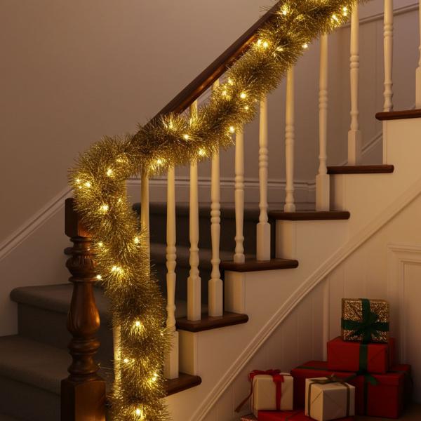 Guirlande LED Lametta Or 2,7 m - Décoration de Noël festive - Avec minuterie pratique - Fonctionne sur piles pour sapin ou table - IP44