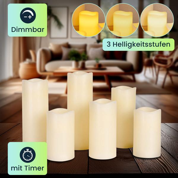 6er-Set LED-Echtwachskerzen mit Fernbedienung – dimmbar, flackernder Effekt, verschiedene Grössen, batteriebetrieben für stimmungsvolle Beleuchtung