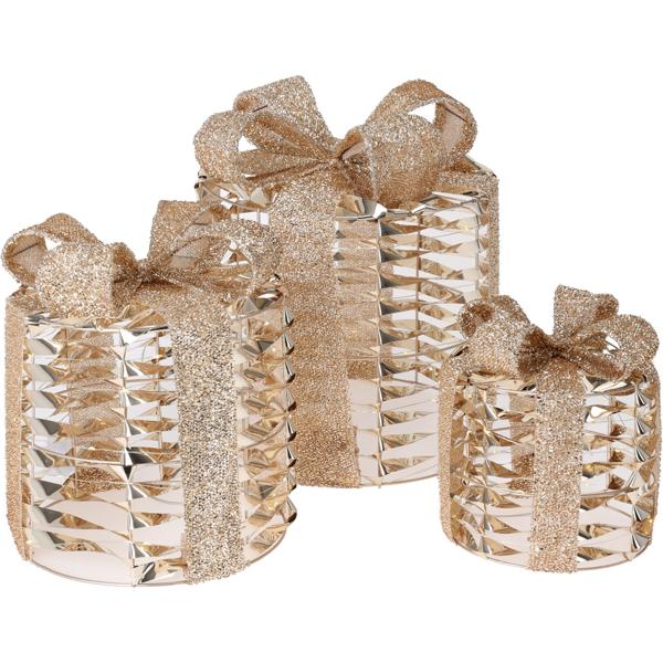 Goldene LED-Deko-Geschenke, 3er Set, warmweisses Licht – Timer-Funktion, batteriebetrieben, festliche Weihnachtsdekoration