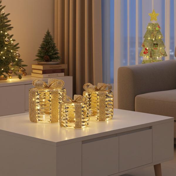 Goldene LED-Deko-Geschenke, 3er Set, warmweisses Licht – Timer-Funktion, batteriebetrieben, festliche Weihnachtsdekoration