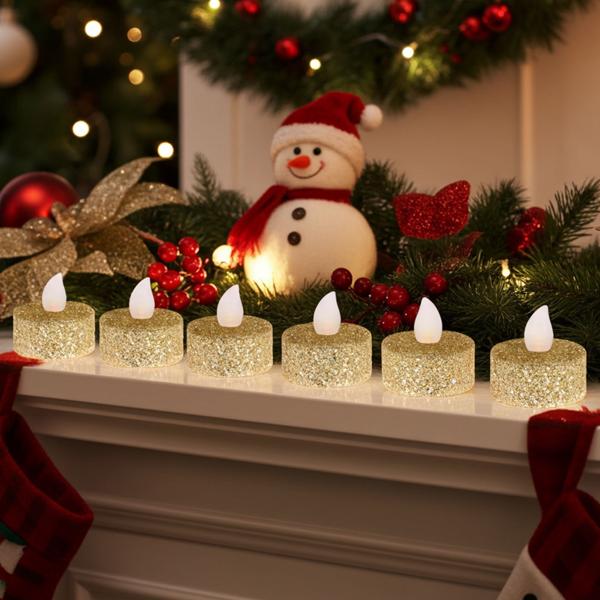Bougies à réchaud LED 6 pièces Or Scintillant - Décoration Festive & Sécurisée pour Noël & Intérieur - Fonctionne sur Piles CR2032 3.8 x 4 cm