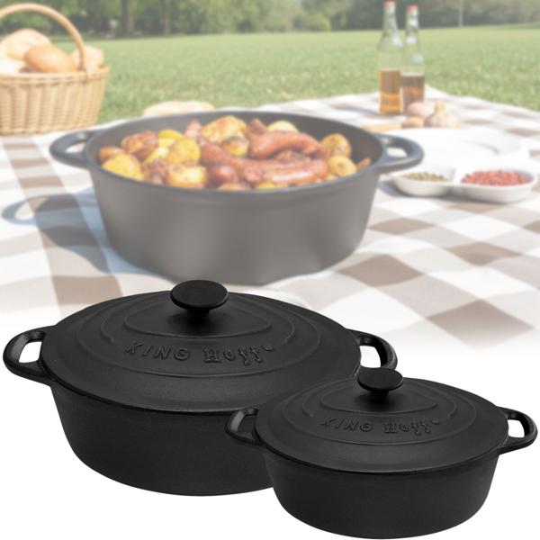 High-quality set of 2 oval cast iron roasters (4.5L + 6.2L), black, with lid - Braise, bake, roast like a pro - Durable & versatile