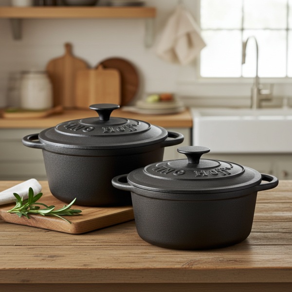 set di 2 pentole in ghisa con coperchio, rotonde, da 2,4 l e 4 l