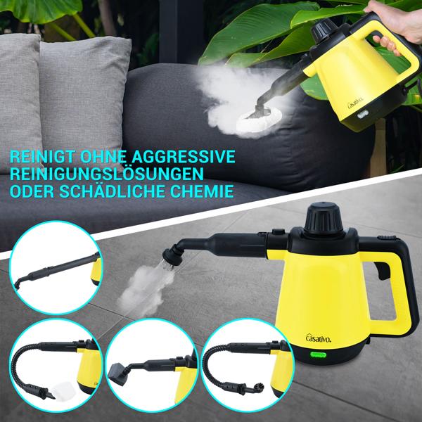 Premium Dampfreiniger, mobil, 3,5 bar Druck, 16 Zubehörteile-Aufsätze, kraftvolle 1.200W, gegen Fett u. Schmutz in Küche, Bad, Möbeln, Polstern, Auto