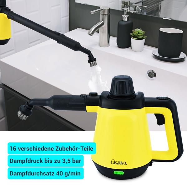 Premium Dampfreiniger, mobil, 3,5 bar Druck, 16 Zubehörteile-Aufsätze, kraftvolle 1.200W, gegen Fett u. Schmutz in Küche, Bad, Möbeln, Polstern, Auto