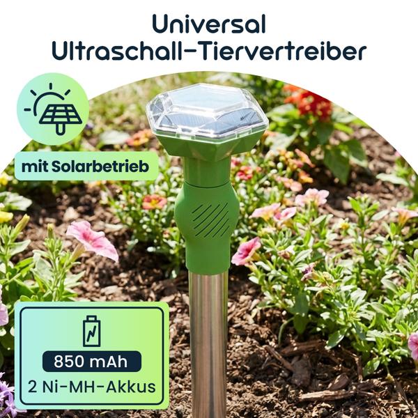 Universal Ultraschall-Tiervertreiber, Solar & Akku, bis 40 m², Hunde- & Katzenschreck, mobil, sichere Tierabwehr, ohne Chemie