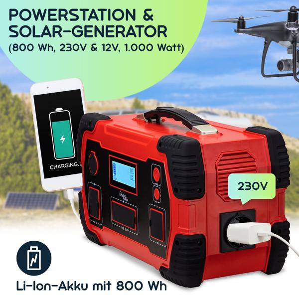 Hochleistungs-Powerstation & Solar-Generator mit 800 Wh, 230V & 12V, 1.000 Watt, 8 Anschlüsse, Überspannungsschutz