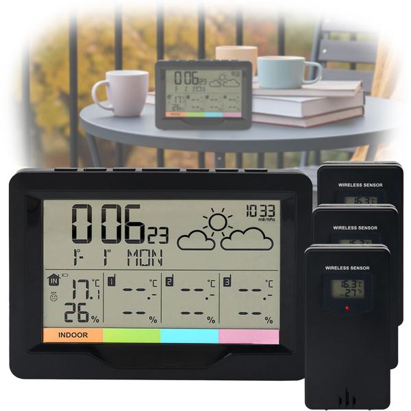 Profi Funk-Wetterstation mit 3 Aussensensoren  - Behalten Sie 4 Zonen im Blick für maximale Übersicht & Kontrolle - inkl. Funkwecker & XL-Display