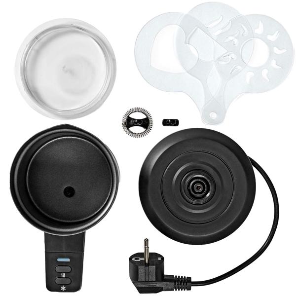 Cordless stainless steel milk frother, 300ml, powerful 500W, incl. 3 decorative stencils. Electric frother for perfect milk foam, hot & cold