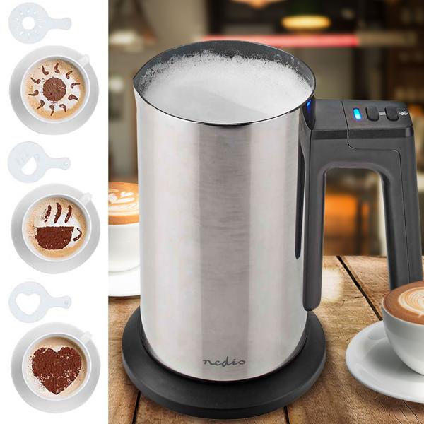 Cordless stainless steel milk frother, 300ml, powerful 500W, incl. 3 decorative stencils. Electric frother for perfect milk foam, hot & cold