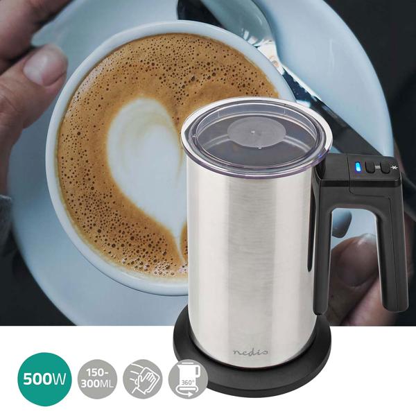 Cordless stainless steel milk frother, 300ml, powerful 500W, incl. 3 decorative stencils. Electric frother for perfect milk foam, hot & cold