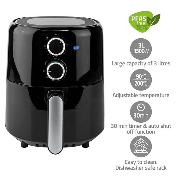Friggitrice ad aria calda compatta 1500W - capacità 3L, timer e rivestimento antiaderente - frittura sana e a basso contenuto di grassi, preparazione rapida e pulizia facile