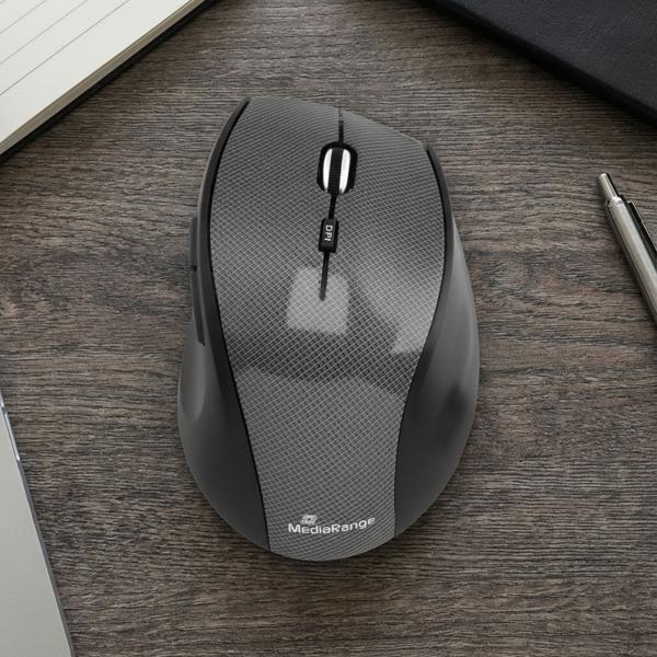 Wireless 5-button mouse, carbon look – Optical sensor 1000–1600 dpi, 10 m wireless range – Compatible with Windows, macOS, Linux, PC & notebook