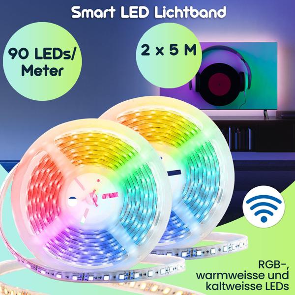 2er-Set Smart LED Lichtband 5 m mit App-Steuerung, warmweiss/kaltweiss/RGB, dimmbar, flexibles & selbstklebendes Design, ideal für stilvolle Beleuchtung
