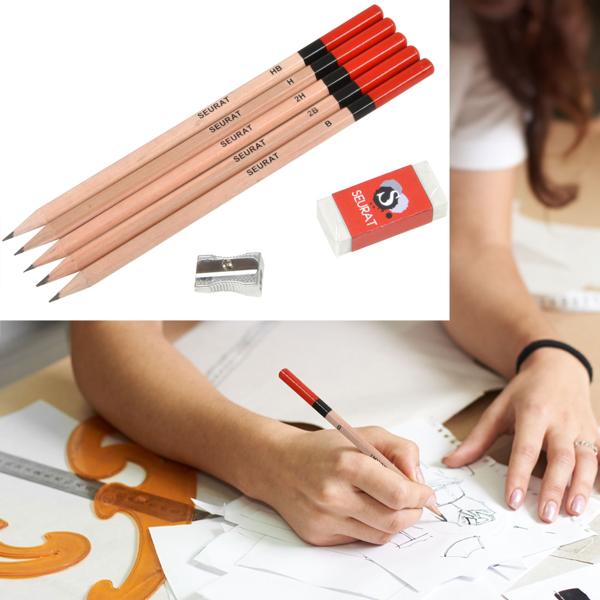 Pencil set with eraser & sharpener, 2B, B, HB, H, 2H