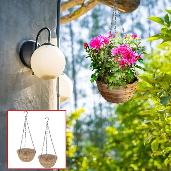 Lot de 2 Pots de Fleurs Suspendus en Osier - Chaîne & Crochet Inclus - Ø 30 x H 16.5 cm - Design Vintage Marron/Argent - Intérieur/Extérieur