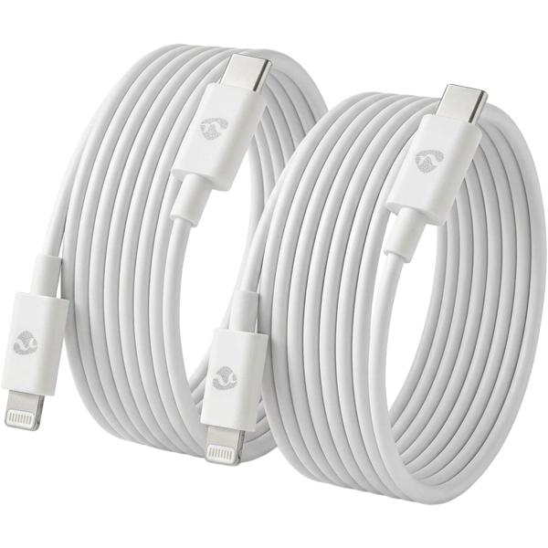 Lot de 2 câbles de charge iPhone certifiés MFi – idéal pour appareils Apple – câble PVC 2 m, USB‑C vers Lightning, 60 W/20 V/3 A, transfert de données 480 Mbit/s – blanc