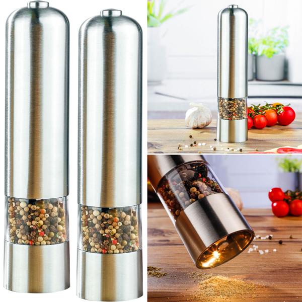 2er-Set Elektrische Salz-/Pfeffermühle (Edelstahl) - Keramikmahlwerk, Lichtfunktion - Ø5 x 22,5 cm - für frische Gewürze auf Knopfdruck