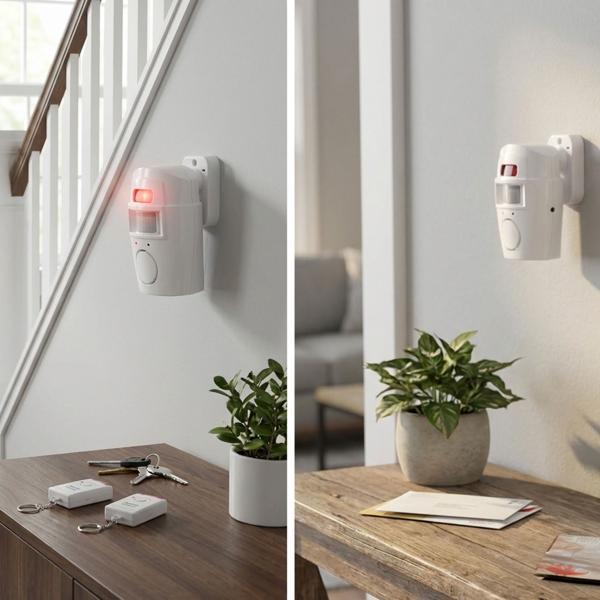 2er-Set Bewegungsmelder mit Alarmfunktion und zwei Fernbedienungen, 105db, Kabelloser Einbruchschutz mit lautem Alarm