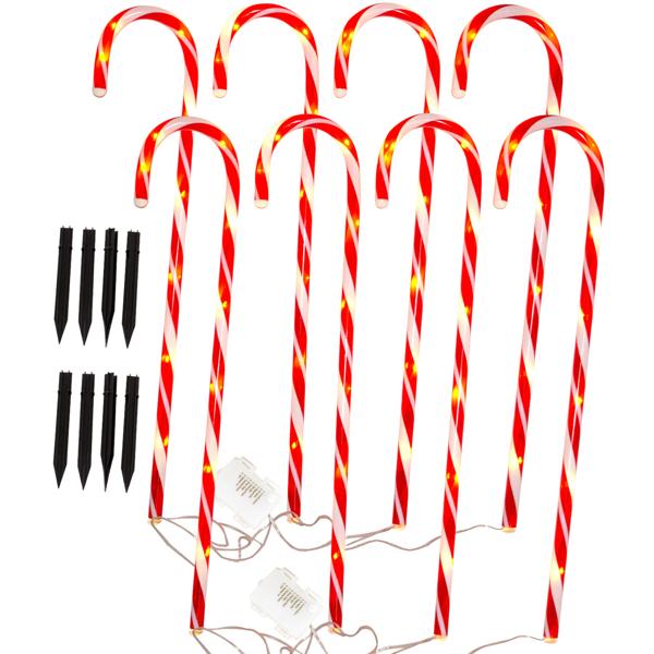 LED-Gartenstecker Zuckerstange 8er-Set - fröhliche Weihnachts-Gartendeko für Aussenbereich - Batteriebetrieben mit Timer - H 74 cm rot-weiss PP
