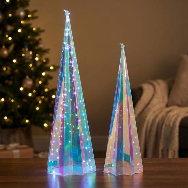 set of 2 rainbow pyramids with star-shaped base, with micro LED lights, 2 sizes