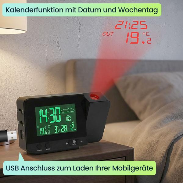 Projektions-Wecker mit Funk-Wetterstation, USB-Port, Aussensensor, schwarz, Zeitanzeige, Kalender, Temperaturanzeige Innen und Aussen