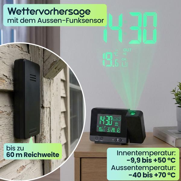 Projektions-Wecker mit Funk-Wetterstation, USB-Port, Aussensensor, schwarz, Zeitanzeige, Kalender, Temperaturanzeige Innen und Aussen